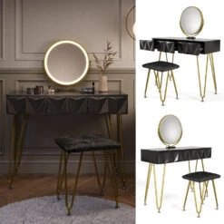 Schminktisch "Ruby" Schwarz Hochglanz 100 Cm Mit LED-Spiegel Und Hocker Vicco -Vicco 20231017 m5464 02 ol