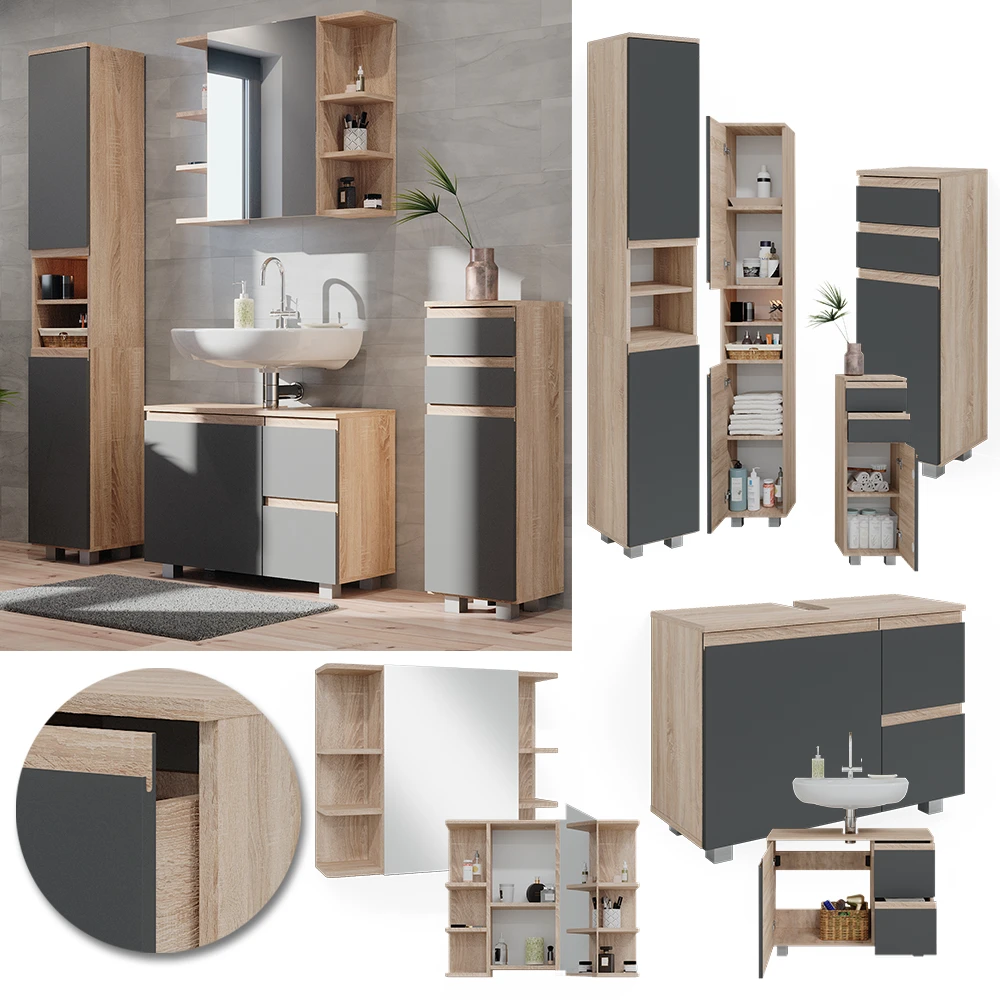 Badmöbel Set "J-Shape" Sonoma/Anthrazit 4 Teile Vicco 4 Badmöbel Set "J-Shape" Sonoma/Anthrazit 4 Teile Vicco – Bild 2