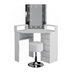 Eckschminktisch "Tilda" Weiß 113.3 Cm Mit LED Beleuchtung Und Hocker Vicco