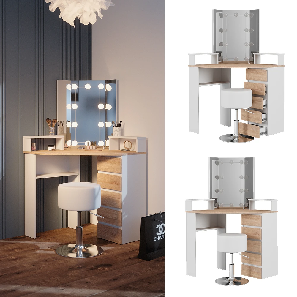 Eckschminktisch "Tilda" Weiß/Sonoma/Sonoma 113.3 Cm Mit LED Beleuchtung Und Hocker Vicco 4 Eckschminktisch "Tilda" Weiß/Sonoma/Sonoma 113.3 Cm Mit LED Beleuchtung Und Hocker Vicco – Bild 2