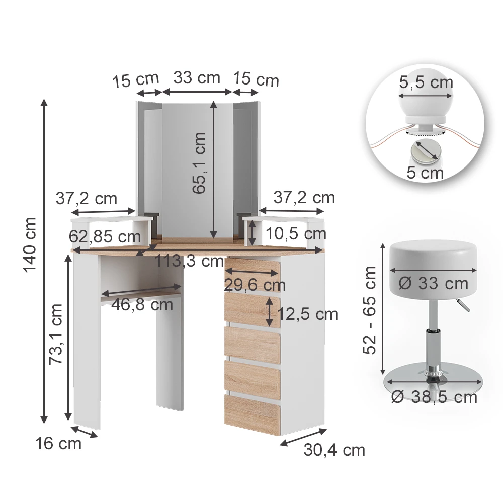 Eckschminktisch "Tilda" Weiß/Sonoma/Sonoma 113.3 Cm Mit LED Beleuchtung Und Hocker Vicco 5 Eckschminktisch "Tilda" Weiß/Sonoma/Sonoma 113.3 Cm Mit LED Beleuchtung Und Hocker Vicco – Bild 3