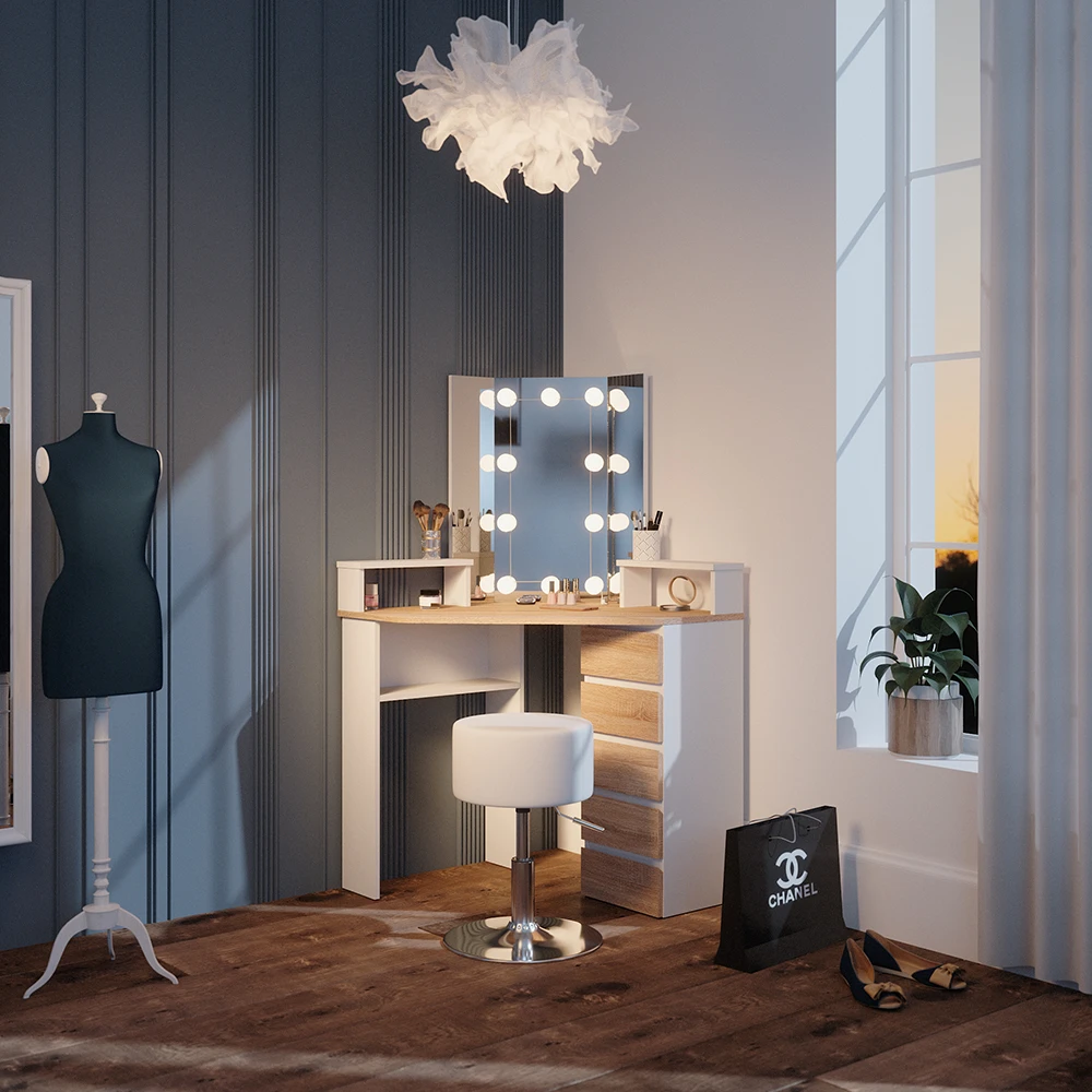 Eckschminktisch "Tilda" Weiß/Sonoma/Sonoma 113.3 Cm Mit LED Beleuchtung Und Hocker Vicco 6 Eckschminktisch "Tilda" Weiß/Sonoma/Sonoma 113.3 Cm Mit LED Beleuchtung Und Hocker Vicco – Bild 4