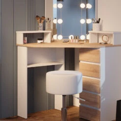 Eckschminktisch "Tilda" Weiß/Sonoma/Sonoma 113.3 Cm Mit LED Beleuchtung Und Hocker Vicco 15 Eckschminktisch "Tilda" Weiß/Sonoma/Sonoma 113.3 Cm Mit LED Beleuchtung Und Hocker Vicco -Vicco 20231027 m5421 hw l 05 ol