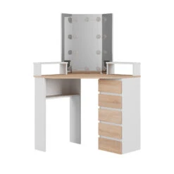 Eckschminktisch "Tilda" Weiß/Sonoma/Sonoma 113.3 Cm Mit LED Beleuchtung Vicco