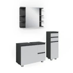 Badmöbel Set "J-Shape" Weiß/Anthrazit 3 Teile, Mit Midischrank Vicco