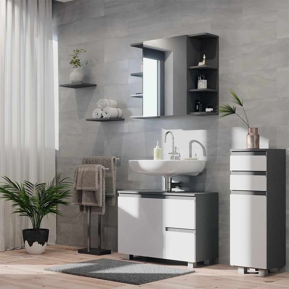 Badmöbel Set "J-Shape" Weiß/Anthrazit 3 Teile, Mit Midischrank Vicco 6 Badmöbel Set "J-Shape" Weiß/Anthrazit 3 Teile, Mit Midischrank Vicco – Bild 4
