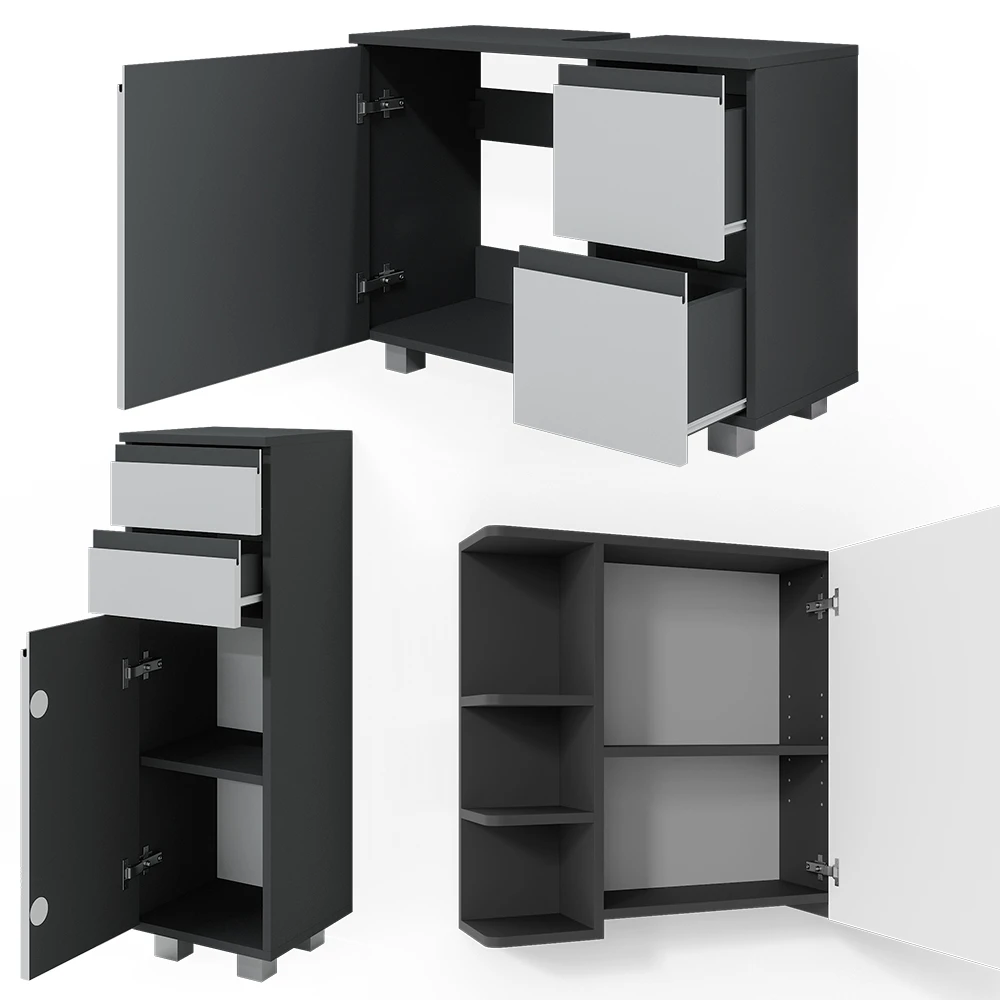 Badmöbel Set "J-Shape" Weiß/Anthrazit 3 Teile, Mit Midischrank Vicco 7 Badmöbel Set "J-Shape" Weiß/Anthrazit 3 Teile, Mit Midischrank Vicco – Bild 5