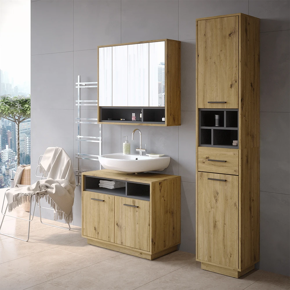 Badschrank "Beatrice" Eiche/Anthrazit 38 X 190 Cm Mit Türen, Schublade Und Offenen Fächern Vicco 3 Badschrank "Beatrice" Eiche/Anthrazit 38 X 190 Cm Mit Türen, Schublade Und Offenen Fächern Vicco