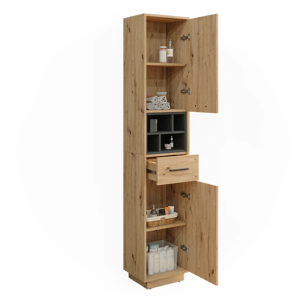 Badschrank "Beatrice" Eiche/Anthrazit 38 X 190 Cm Mit Türen, Schublade Und Offenen Fächern Vicco 9 Badschrank "Beatrice" Eiche/Anthrazit 38 X 190 Cm Mit Türen, Schublade Und Offenen Fächern Vicco – Bild 7