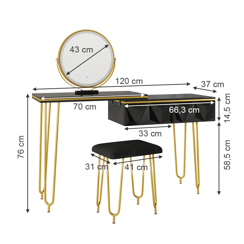 Schminktisch "Bella" Schwarz Hochglanz 120 Cm Mit LED Spiegel Und Hocker Vicco 6 Schminktisch "Bella" Schwarz Hochglanz 120 Cm Mit LED Spiegel Und Hocker Vicco – Bild 4