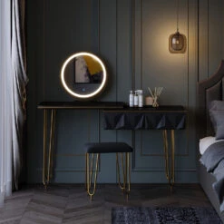 Schminktisch "Bella" Schwarz Hochglanz 120 Cm Mit LED Spiegel Und Hocker Vicco