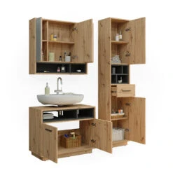 Badmöbel Set "Beatrice" Eiche/Anthrazit 3 Teile, Mit Hochschrank Vicco -Vicco 20231823 m5650 07 ol