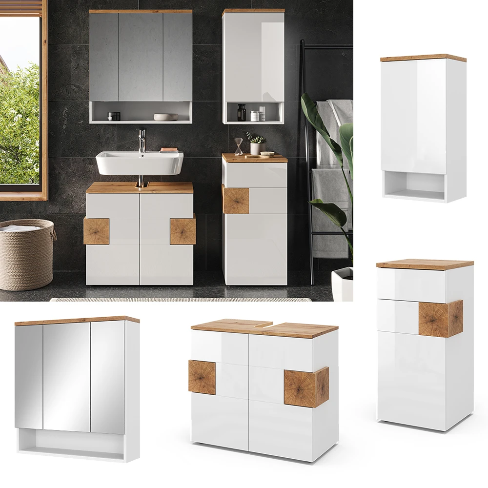 Badmöbel Set "Eden" Weiß Hochglanz/Artisan-Eiche 4 Teile Vicco 4 Badmöbel Set "Eden" Weiß Hochglanz/Artisan-Eiche 4 Teile Vicco – Bild 2