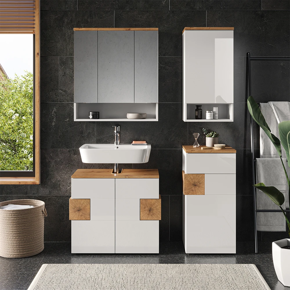 Badmöbel Set "Eden" Weiß Hochglanz/Artisan-Eiche 4 Teile Vicco 6 Badmöbel Set "Eden" Weiß Hochglanz/Artisan-Eiche 4 Teile Vicco – Bild 4