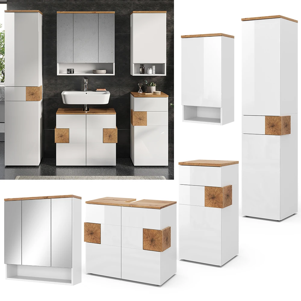 Badmöbel Set "Eden" Weiß Hochglanz/Artisan-Eiche 5 Teile Vicco 4 Badmöbel Set "Eden" Weiß Hochglanz/Artisan-Eiche 5 Teile Vicco – Bild 2