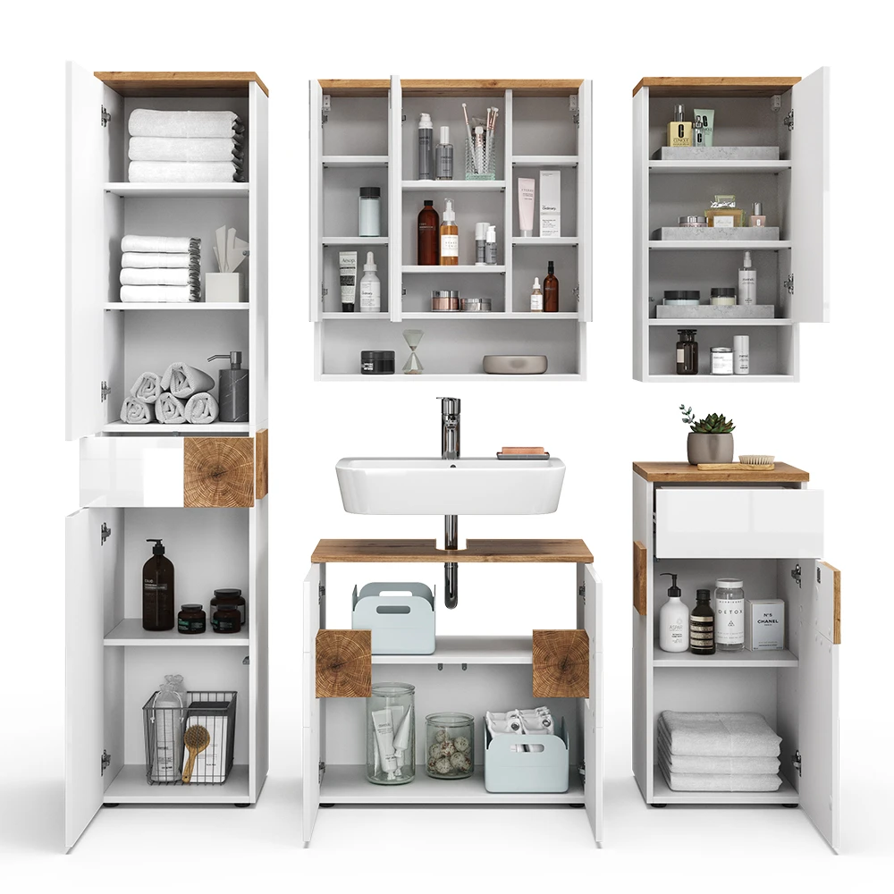 Badmöbel Set "Eden" Weiß Hochglanz/Artisan-Eiche 5 Teile Vicco 8 Badmöbel Set "Eden" Weiß Hochglanz/Artisan-Eiche 5 Teile Vicco – Bild 6