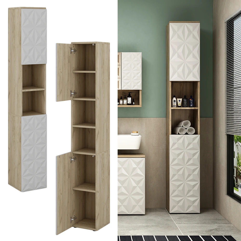 Badschrank "Edge" Weiß/Eiche 30 X 189.5 Cm Mit 2 Türen Und 3 Fächer Vicco 4 Badschrank "Edge" Weiß/Eiche 30 X 189.5 Cm Mit 2 Türen Und 3 Fächer Vicco – Bild 2