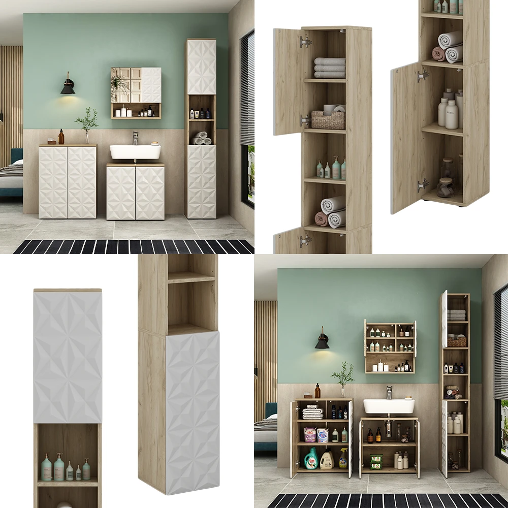 Badschrank "Edge" Weiß/Eiche 30 X 189.5 Cm Mit 2 Türen Und 3 Fächer Vicco 10 Badschrank "Edge" Weiß/Eiche 30 X 189.5 Cm Mit 2 Türen Und 3 Fächer Vicco – Bild 8