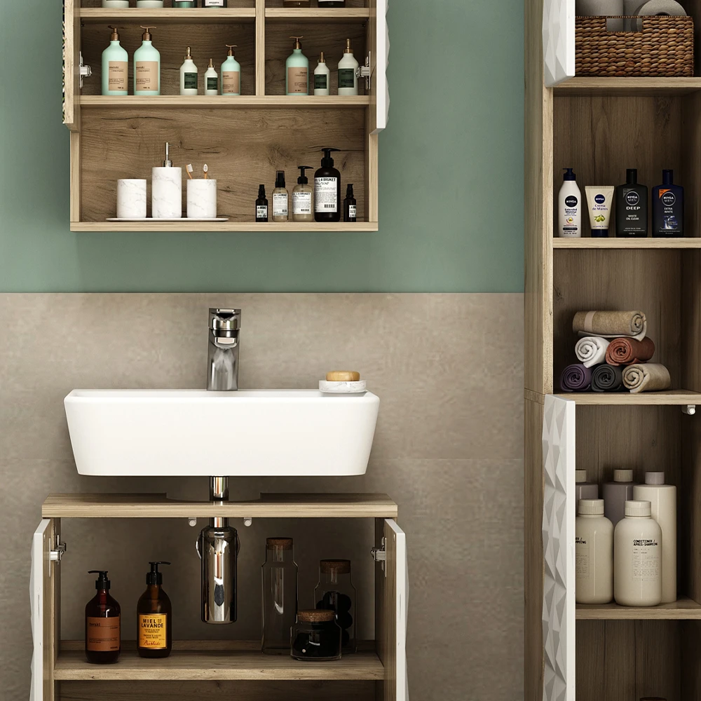 Badmöbel Set "Edge" Weiß/Eiche 3 Teile, Mit Hochschrank Vicco 7 Badmöbel Set "Edge" Weiß/Eiche 3 Teile, Mit Hochschrank Vicco – Bild 5