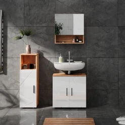 Badmöbel Set "Irma" Eiche/Weiß Hochglanz 3 Teile Vicco -Vicco 20235528 m5913 04 ol