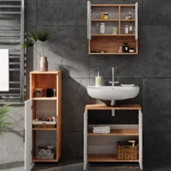 Badmöbel Set "Irma" Eiche/Weiß Hochglanz 3 Teile Vicco -Vicco 20235528 m5913 05 ol