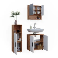 Badmöbel Set "Irma" Eiche/Weiß Hochglanz 3 Teile Vicco -Vicco 20235528 m5913 07 ol