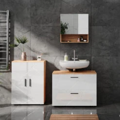 Badmöbel Set "Irma" Eiche/Weiß Hochglanz 3 Teile, Mit Unterschrank 80 Cm Vicco 12 Badmöbel Set "Irma" Eiche/Weiß Hochglanz 3 Teile, Mit Unterschrank 80 Cm Vicco -Vicco 20235628 m5916 04 ol