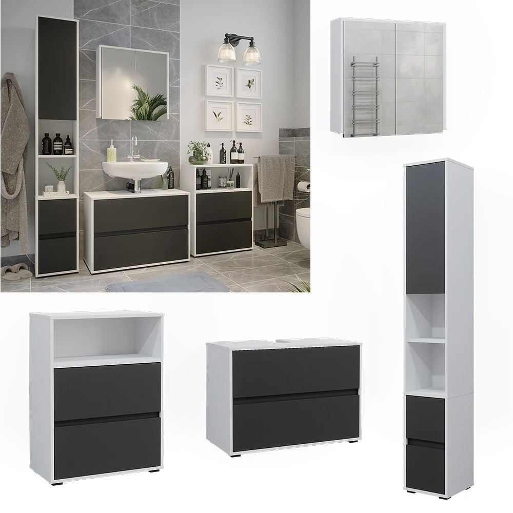 Badmöbel Set "Maltin" Weiß/Anthrazit 4 Teile Vicco 4 Badmöbel Set "Maltin" Weiß/Anthrazit 4 Teile Vicco – Bild 2