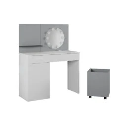 Schminktisch "Amellia" Weiß/Grau 100 Cm Mit LED Beleuchtung Und Rollcontainer Vicco