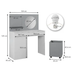 Schminktisch "Amellia" Weiß/Grau 100 Cm Mit LED Beleuchtung Und Rollcontainer Vicco -Vicco 20240220 m5636 l 03 ol