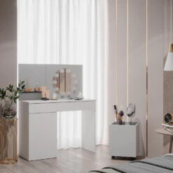 Schminktisch "Amellia" Weiß/Grau 100 Cm Mit LED Beleuchtung Und Rollcontainer Vicco -Vicco 20240220 m5636 l 04 ol