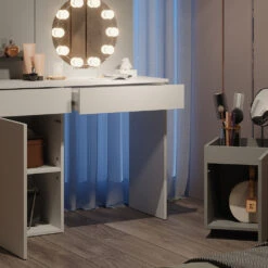 Schminktisch "Amellia" Weiß/Grau 100 Cm Mit LED Beleuchtung Und Rollcontainer Vicco -Vicco 20240220 m5636 l 05 ol