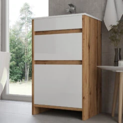 Badmöbel Set "Detmold" Goldkraft Eiche/Weiß Hochglanz 2 Teile, Mit Waschbecken Und 2 Schubladen Vicco -Vicco 20240301 m6561 04