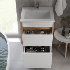 Badmöbel Set "Detmold" Goldkraft Eiche/Weiß Hochglanz 2 Teile, Mit Waschbecken Und 2 Schubladen Vicco -Vicco 20240301 m6561 05