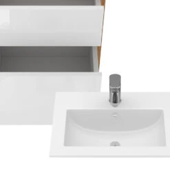 Badmöbel Set "Detmold" Goldkraft Eiche/Weiß Hochglanz 2 Teile, Mit Waschbecken Und 2 Schubladen Vicco -Vicco 20240301 m6561 06