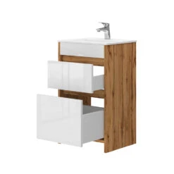 Badmöbel Set "Detmold" Goldkraft Eiche/Weiß Hochglanz 2 Teile, Mit Waschbecken Und 2 Schubladen Vicco -Vicco 20240301 m6561 07