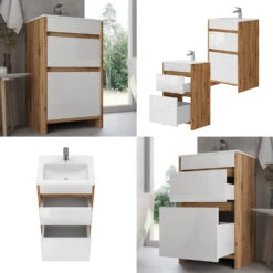 Badmöbel Set "Detmold" Goldkraft Eiche/Weiß Hochglanz 2 Teile, Mit Waschbecken Und 2 Schubladen Vicco -Vicco 20240301 m6561 08