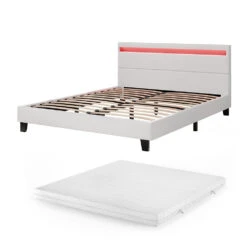 Bettgestell "Bern" Weiß 200x160 Cm Mit LED Beleuchtung Und Matratze Vitalispa