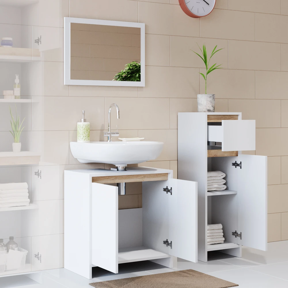 Badmöbel Set "Emma" Weiß/Sonoma 3 Teile, Mit Midischrank Vicco 6 Badmöbel Set "Emma" Weiß/Sonoma 3 Teile, Mit Midischrank Vicco – Bild 4