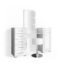 Schminktisch "Zoe" Weiß 140 Cm Mit LED Beleuchtung Und Hocker Vicco