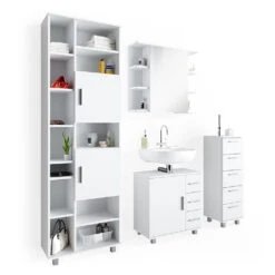 Badmöbel Set "Ilias" Weiß 4 Teile, Mit Hochschrank Vicco -Vicco m2567 08 ol