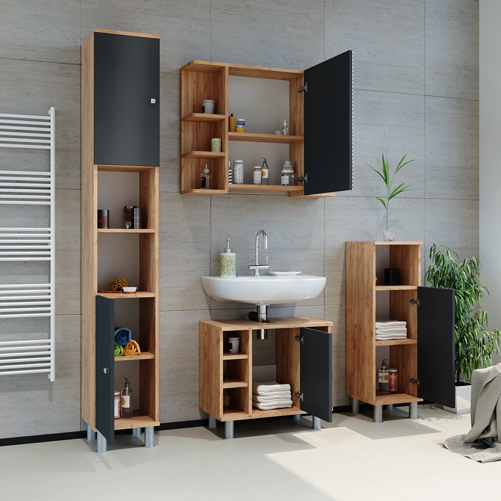 Badschrank "Fynn" Anthrazit/Goldkraft Eiche 30 X 190 Cm Vicco 6 Badschrank "Fynn" Anthrazit/Goldkraft Eiche 30 X 190 Cm Vicco – Bild 4