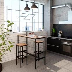 Bartisch Set "Fyrk" Eiche Rustikal/Schwarz 120 X 50 Cm Mit 2 Barhockern Vicco -Vicco m3005 04 ol