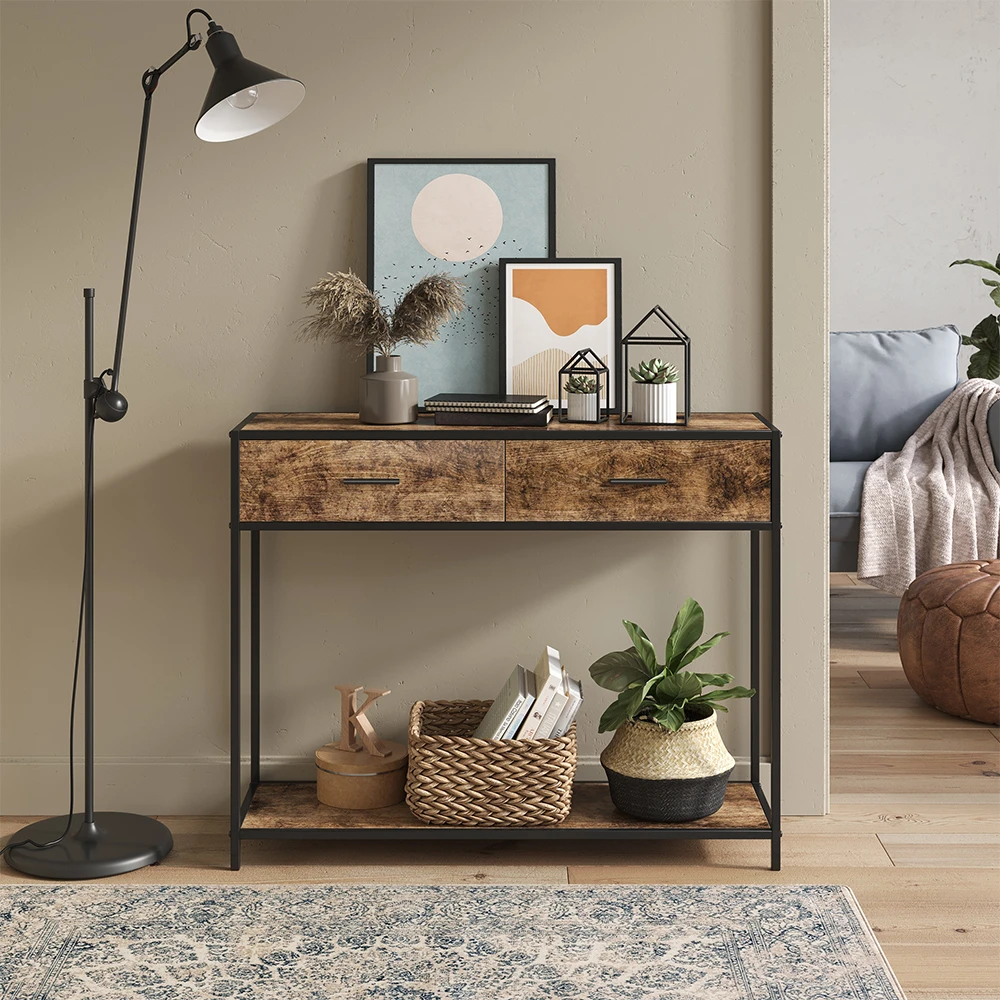 Konsolentisch "Fyrk" Eiche Rustikal/Schwarz 100 X 80 Cm Mit Schubladen Vicco 6 Konsolentisch "Fyrk" Eiche Rustikal/Schwarz 100 X 80 Cm Mit Schubladen Vicco – Bild 4