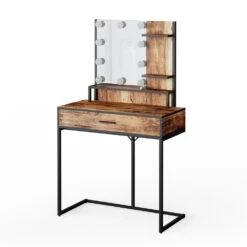 Schminktisch "Fyrk" Eiche Rustikal/Schwarz 80 Cm Mit LED-Lampen Vicco