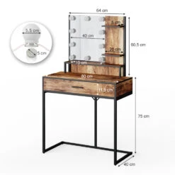 Schminktisch "Fyrk" Eiche Rustikal/Schwarz 80 Cm Mit LED-Lampen Vicco -Vicco m3149 l 03 ol