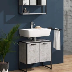 Badmöbel Set "Fyrk" Beton/Schwarz 2 Teile, Mit Spiegelschrank Vicco -Vicco m3157 05 ol