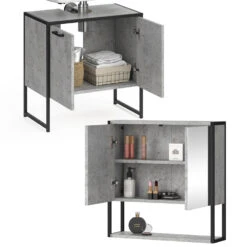 Badmöbel Set "Fyrk" Beton/Schwarz 2 Teile, Mit Spiegelschrank Vicco -Vicco m3157 06 ol