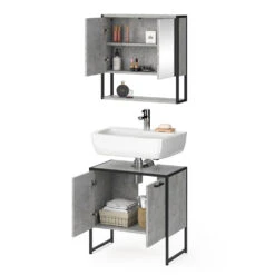 Badmöbel Set "Fyrk" Beton/Schwarz 2 Teile, Mit Spiegelschrank Vicco -Vicco m3157 07 ol