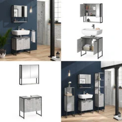 Badmöbel Set "Fyrk" Beton/Schwarz 2 Teile, Mit Spiegelschrank Vicco -Vicco m3157 08 ol